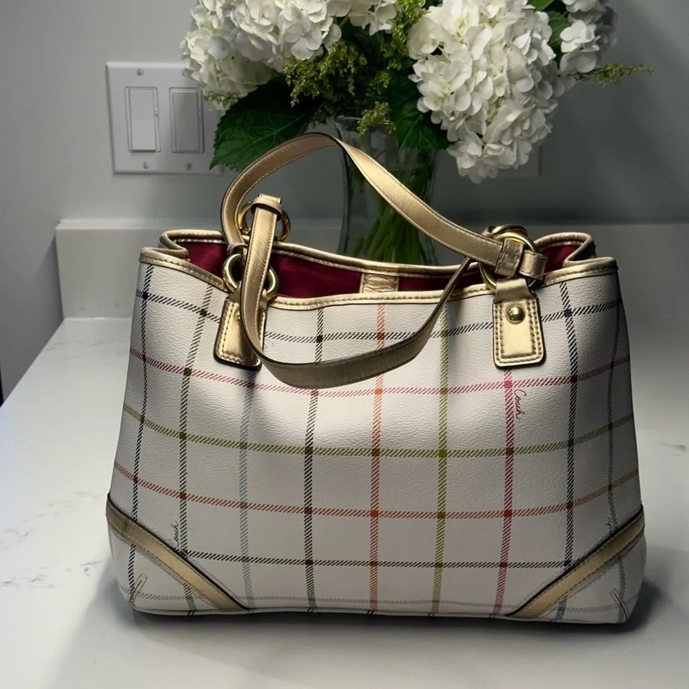 Coach Peyton Tattersall Plaid Rainbow White Shoulder/Tote Bag